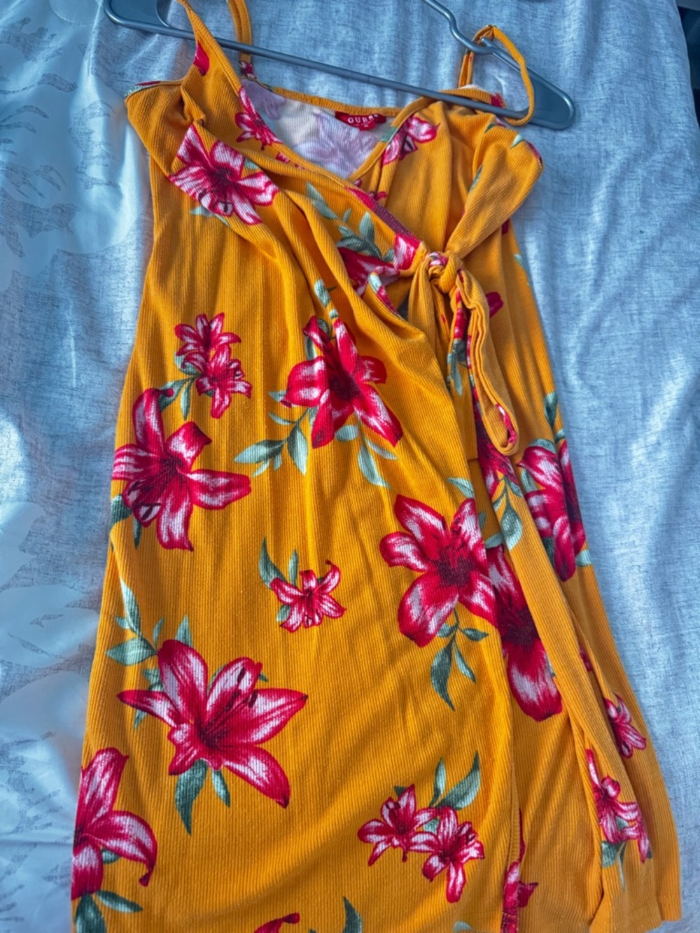 Guess Yellow Ribbed Tank with Pink Floral Accents